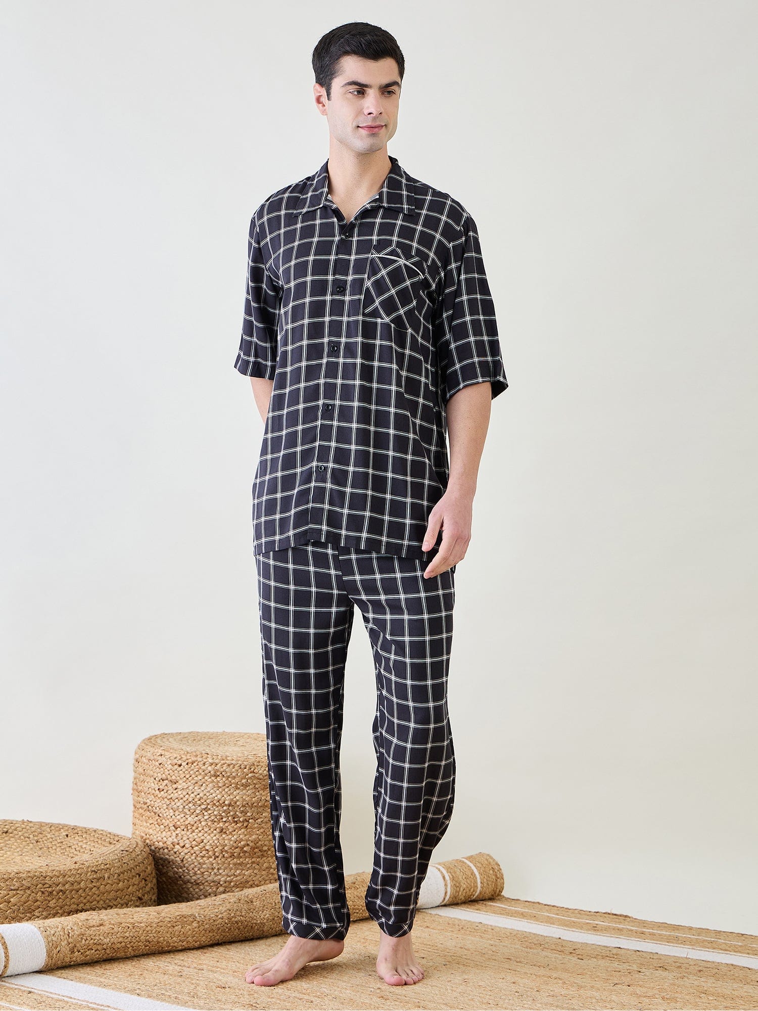 Buy Men s Black Checks Pyjama Set Stylish Comfort for Relaxation Stylokart